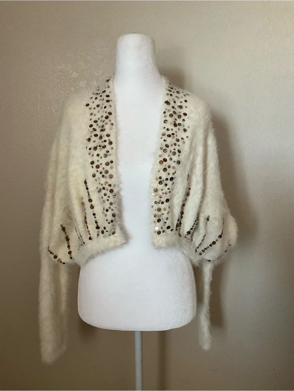 Free People White Fuzzy‎ Cropped Jacket with Sequin Embellishment women size m